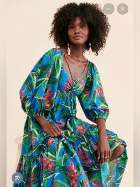 Farm Rio Dream Garden tropical floral puff sleeve tiered cotton Midi Dress  XS